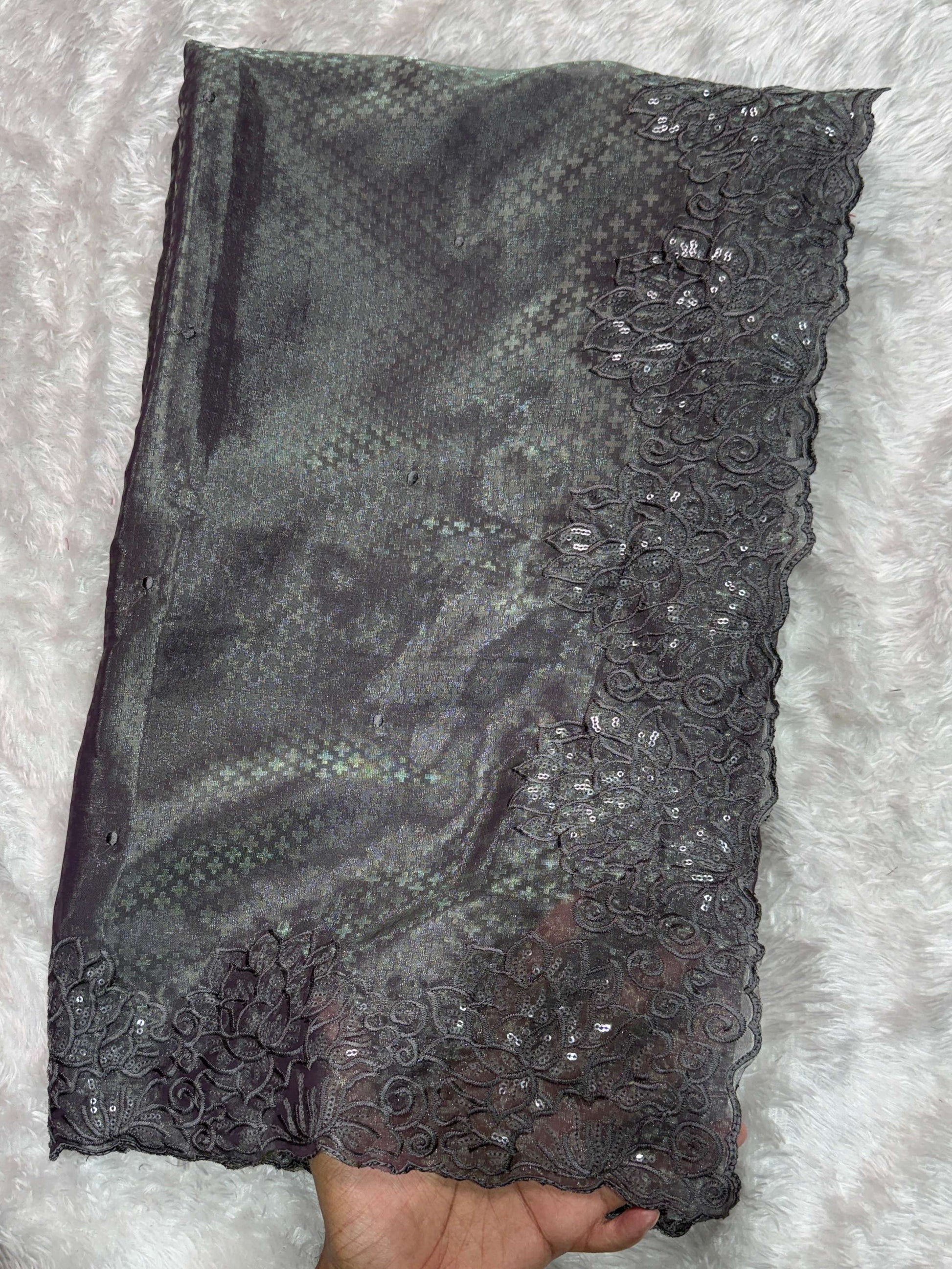 Evanik Grey Glass Satin Jecquard Weaving With Thread Sequence Work Saree With Blouse