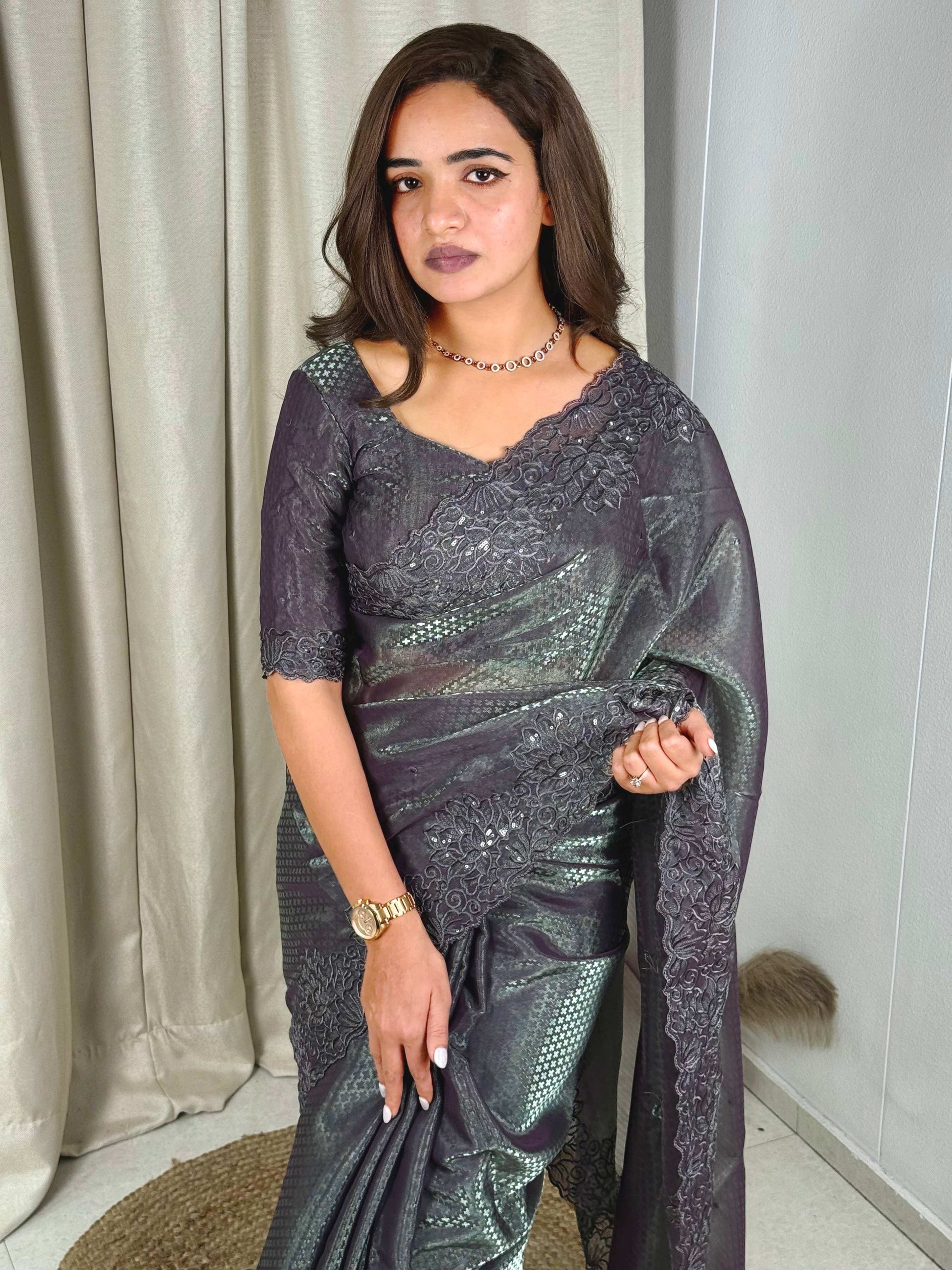 Evanik Grey Glass Satin Jecquard Weaving With Thread Sequence Work Saree With Blouse