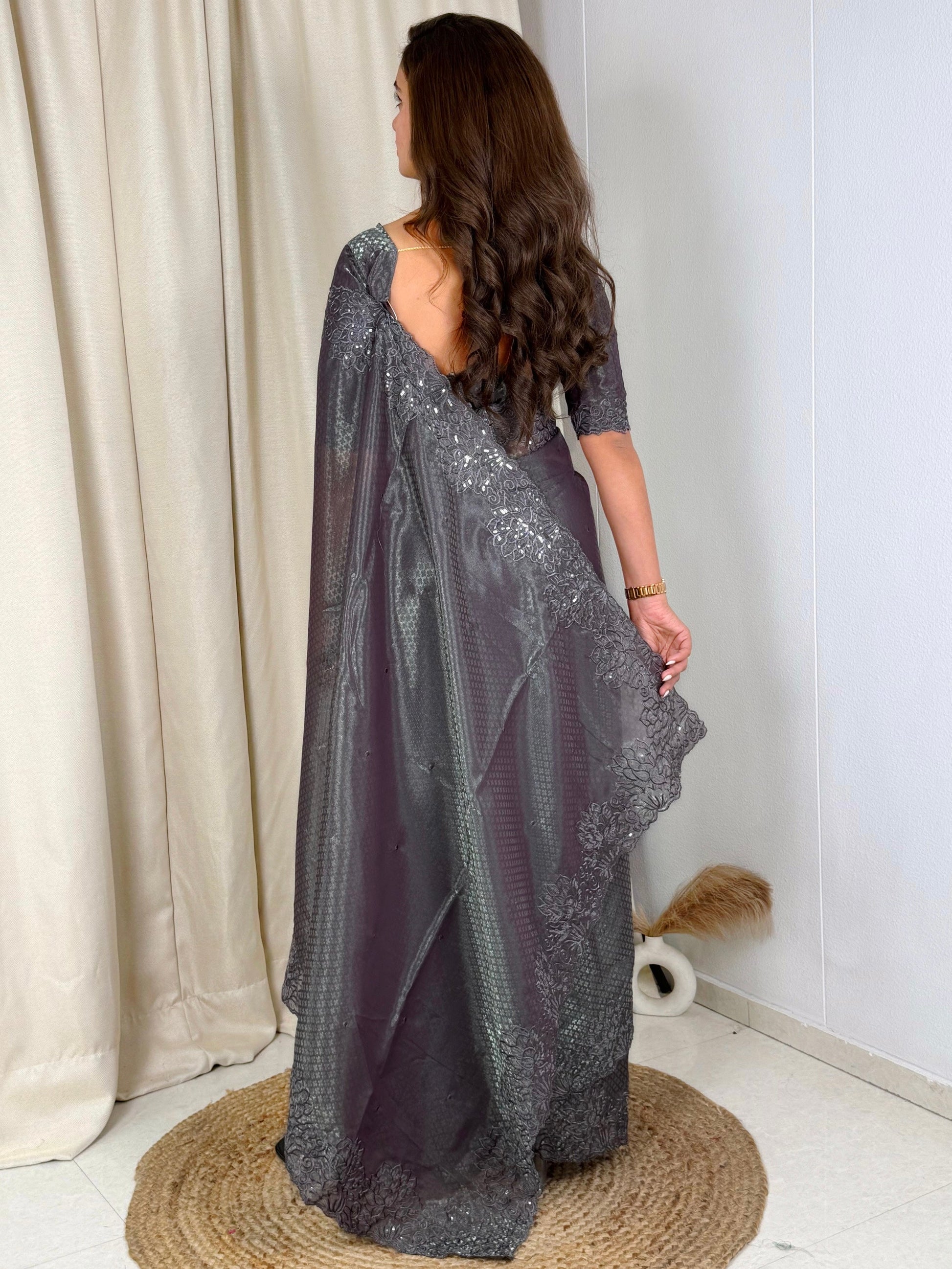 Evanik Grey Glass Satin Jecquard Weaving With Thread Sequence Work Saree With Blouse