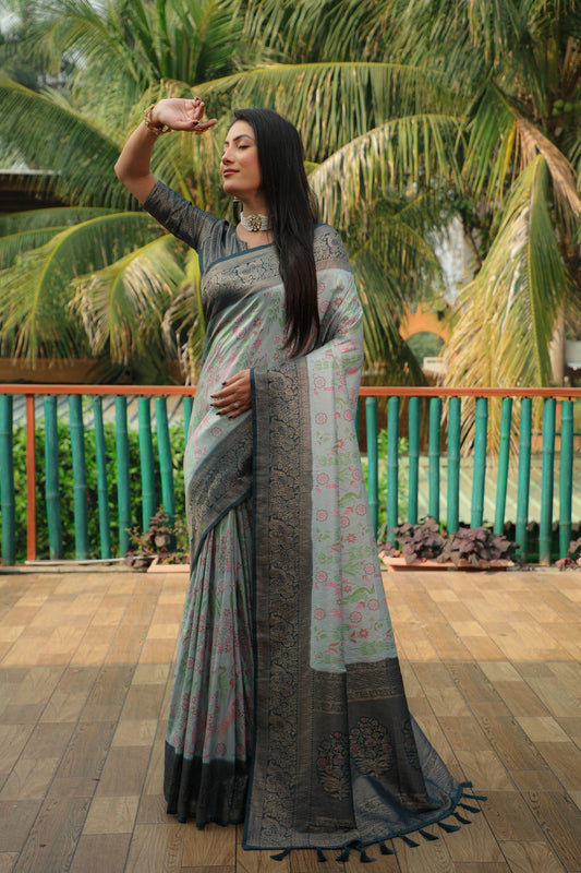 Anaita Grey Woven Design Pure Kanjivaram Soft Satin Silk Saree With Blouse