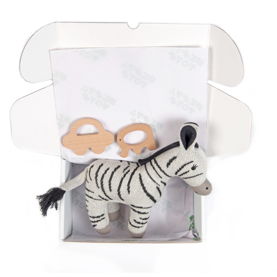 Nesta Toys Newborn Gift Set - Zebra Plush Toy, Wooden Elephant & Car Teether