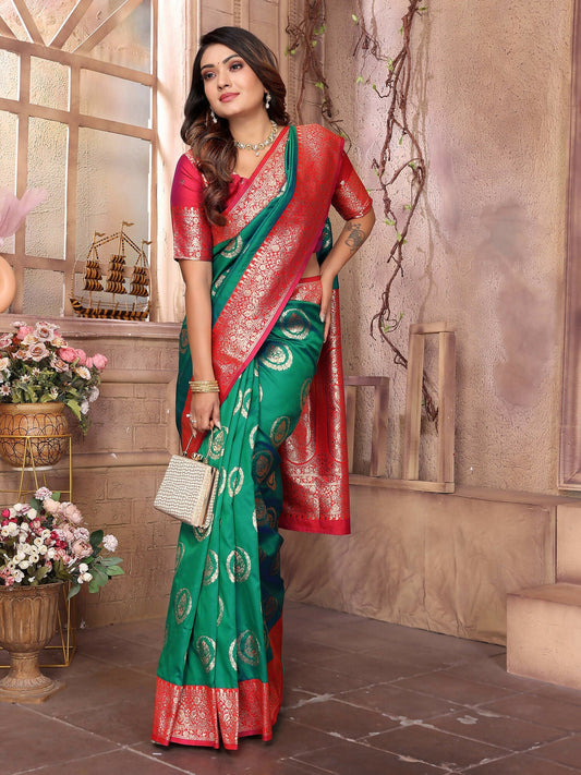 Joban Fashion Green Banarasi Soft Silk Woven Saree | Swadesiicart