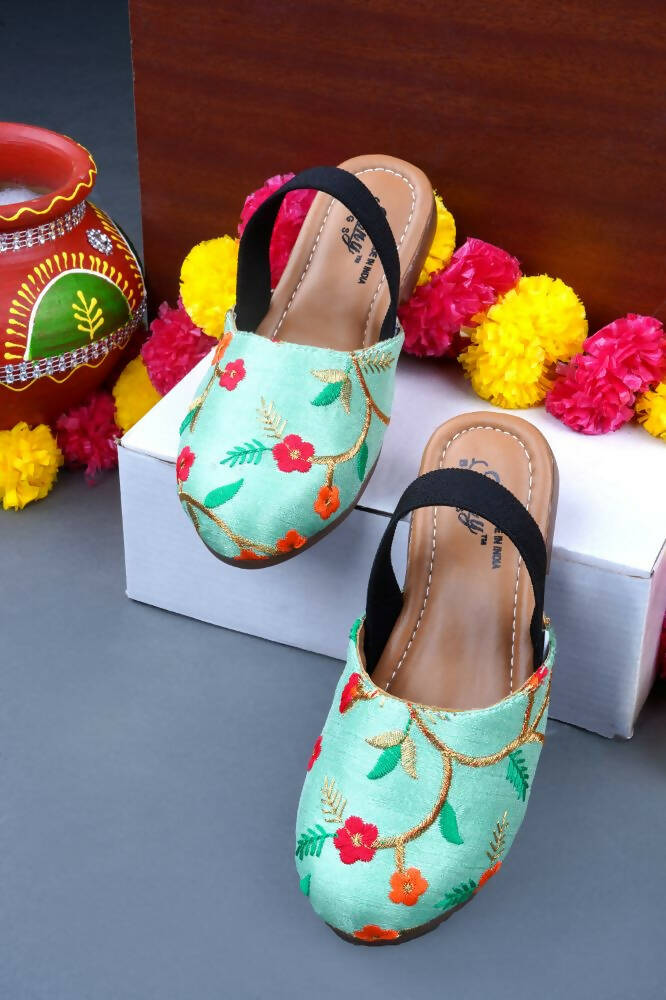 Tiny Bugs Girls Embroidered Strap Ethnic Jutis-Green  Grab2Buy Tiny Bugs Grab2Buy
