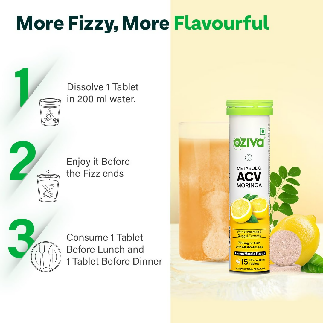 OZiva Metabolic ACV Moringa Effervescent Tablets for Control Cravings - Lemon Masala Flavor 