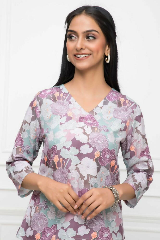 Myshka Women Multi-Floral V-Neck Regular Sleeves Viscose Rayon Top