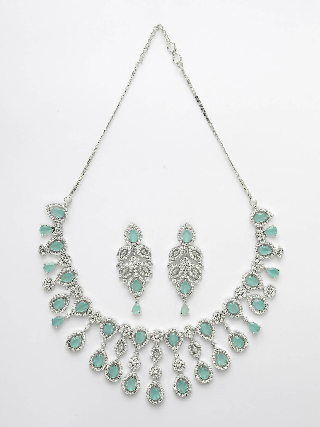 NVR Women Silver Plated & Turquoise Cz Stone Handcrafted Jewellery Set - Grab2buy