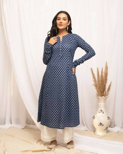 FIORRA Women's Floral Printed Navy Blue Cotton A-Line Kurta 