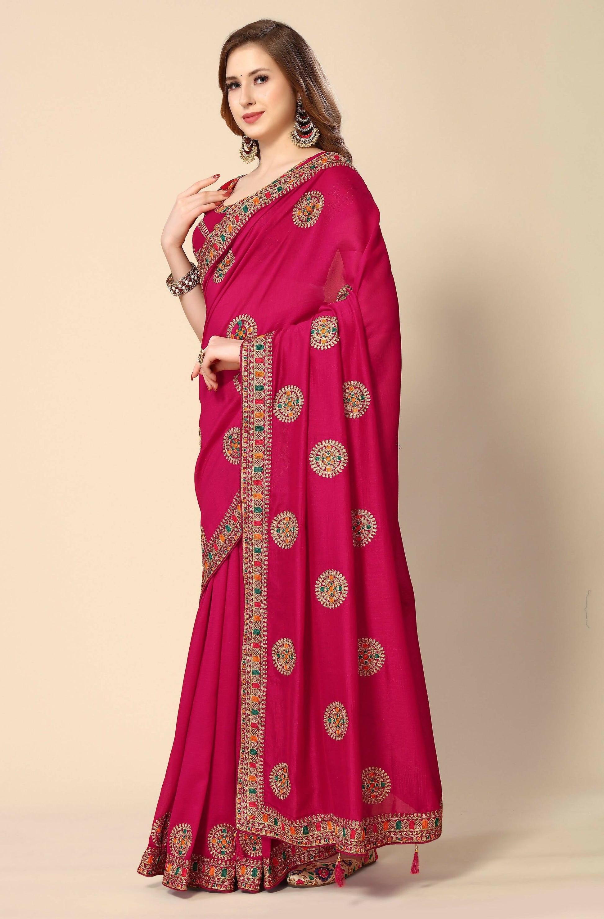 Pink Chinon Embroidered Saree with Unstitched Blouse Piece - Roozal