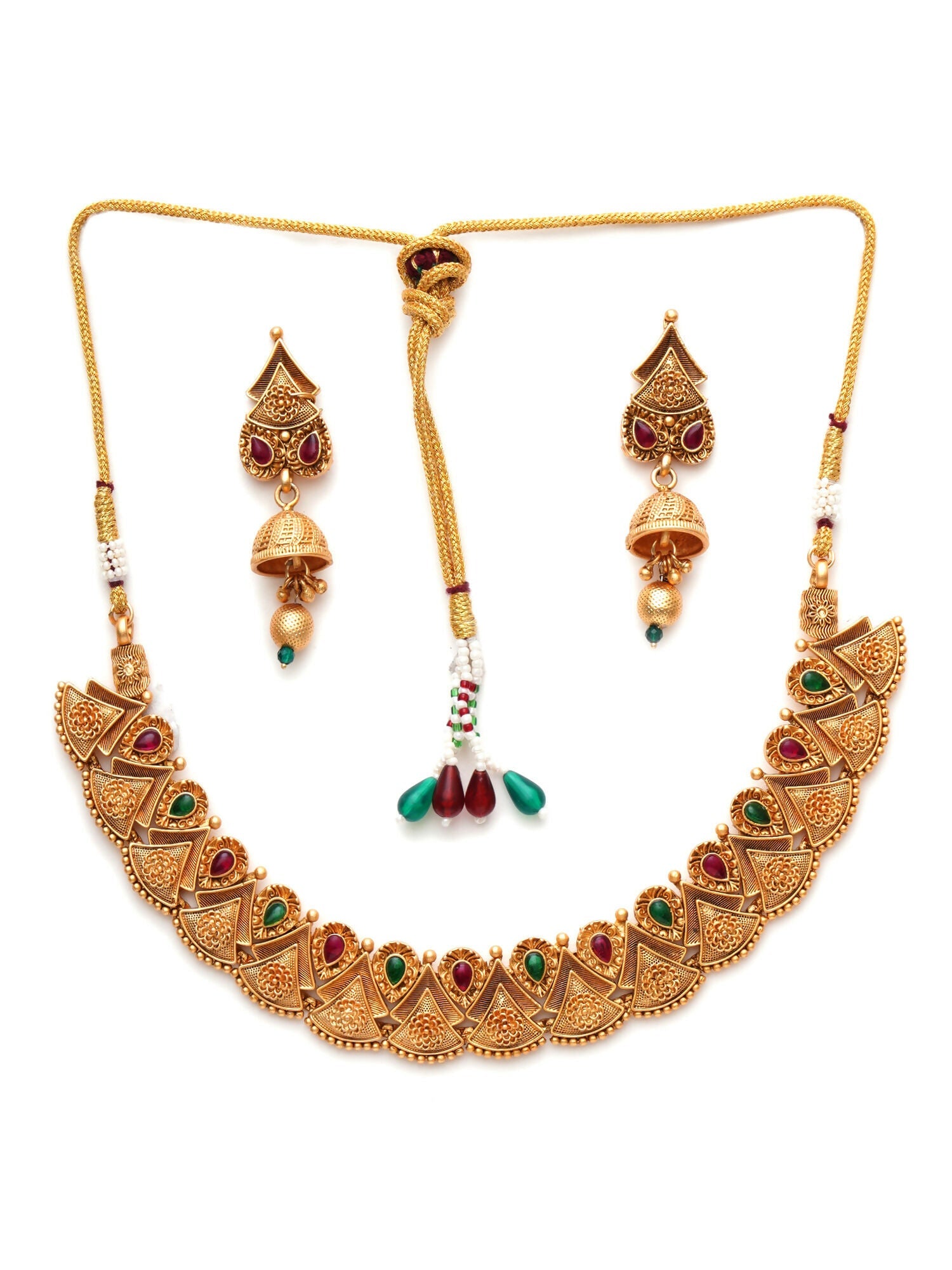 Temple Choker with Matching Jhumki Jewellery Set (Gold) - Ruby Raang - Grab2buy