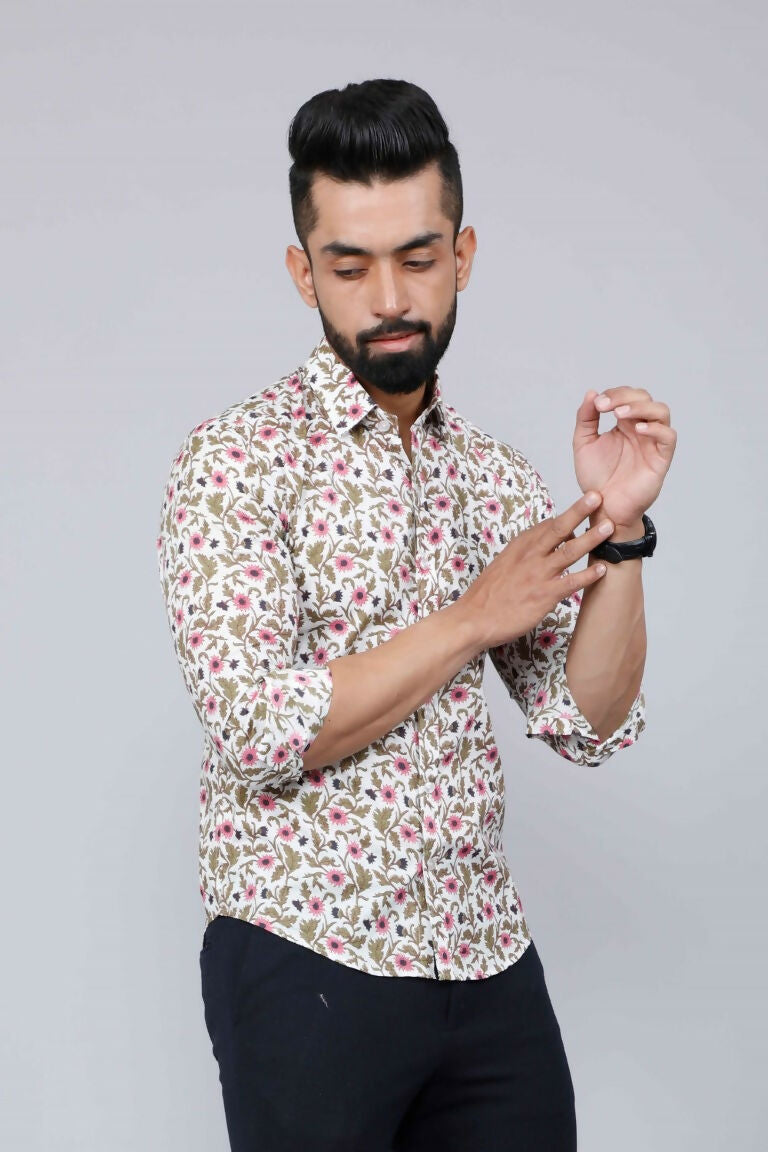 Miravan Men's Cotton Printed Full Sleeve Slim Fit Spread Neck White & Pink Colour Shirt 