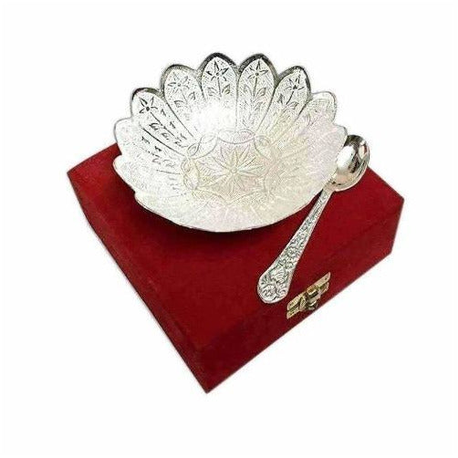 German Silver Flower Shaped Bowl With Spoon - Limited Time Offer 