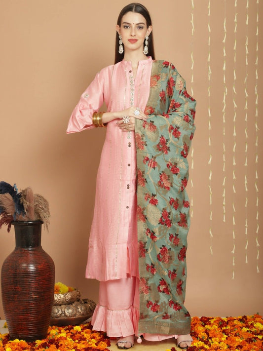 Aastha Fashion Women's Peach Chanderi Silk Elegant Jardoshi Kurta with Trouser & Dupatta - Grab2buy