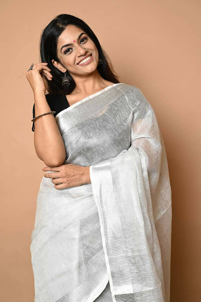 Very Much Indian Pure Linen Saree With Sleek Border And Exclusive Design - White - Grab2buy