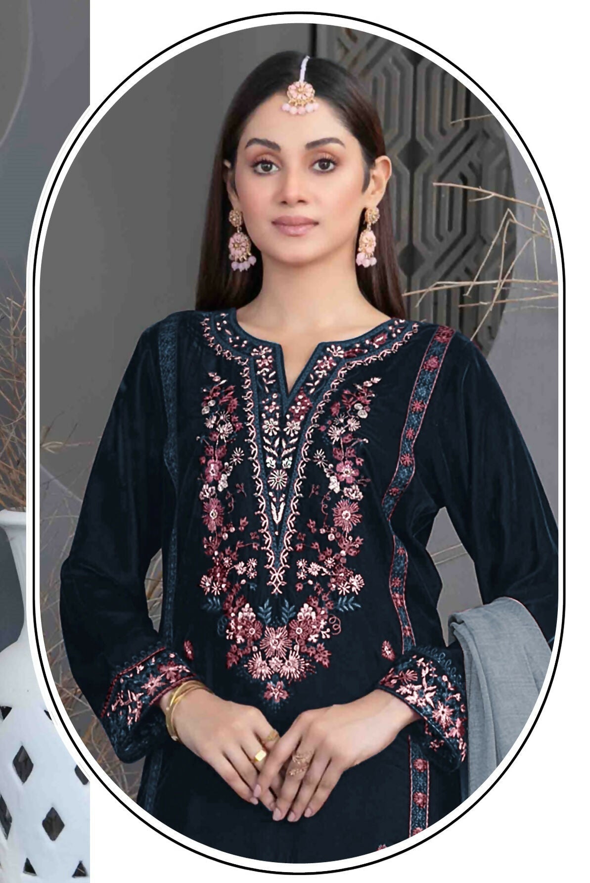 Anaita Navy Blue Velvet Suit with Embroidery Sequence Work 