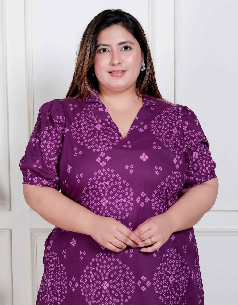 Miravan Plus Size Womens Purple Bandhani Printed A-Line Maxi Dress