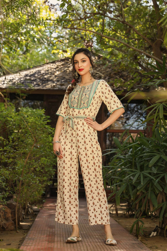 Juniper Women Ivory Rayon Printed Straight Jumpsuit 