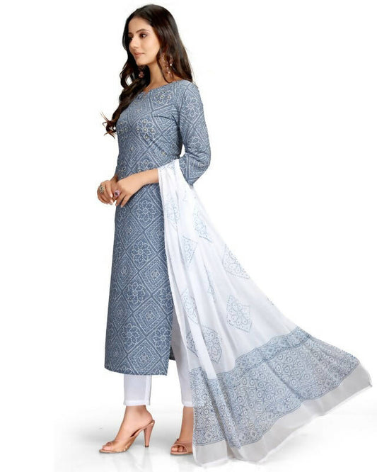 Aastha Fashion Women's Blue Cotton Embroidered Kurta with Trouser & Dupatta - Grab2buy