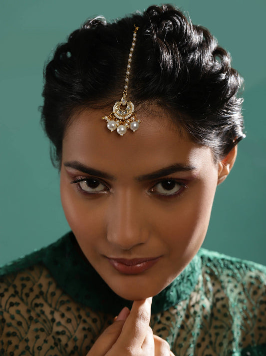Gold-Plated White Kundan-Studded Beaded Layered Maang Tikka - Ruby Raang - Grab2buy
