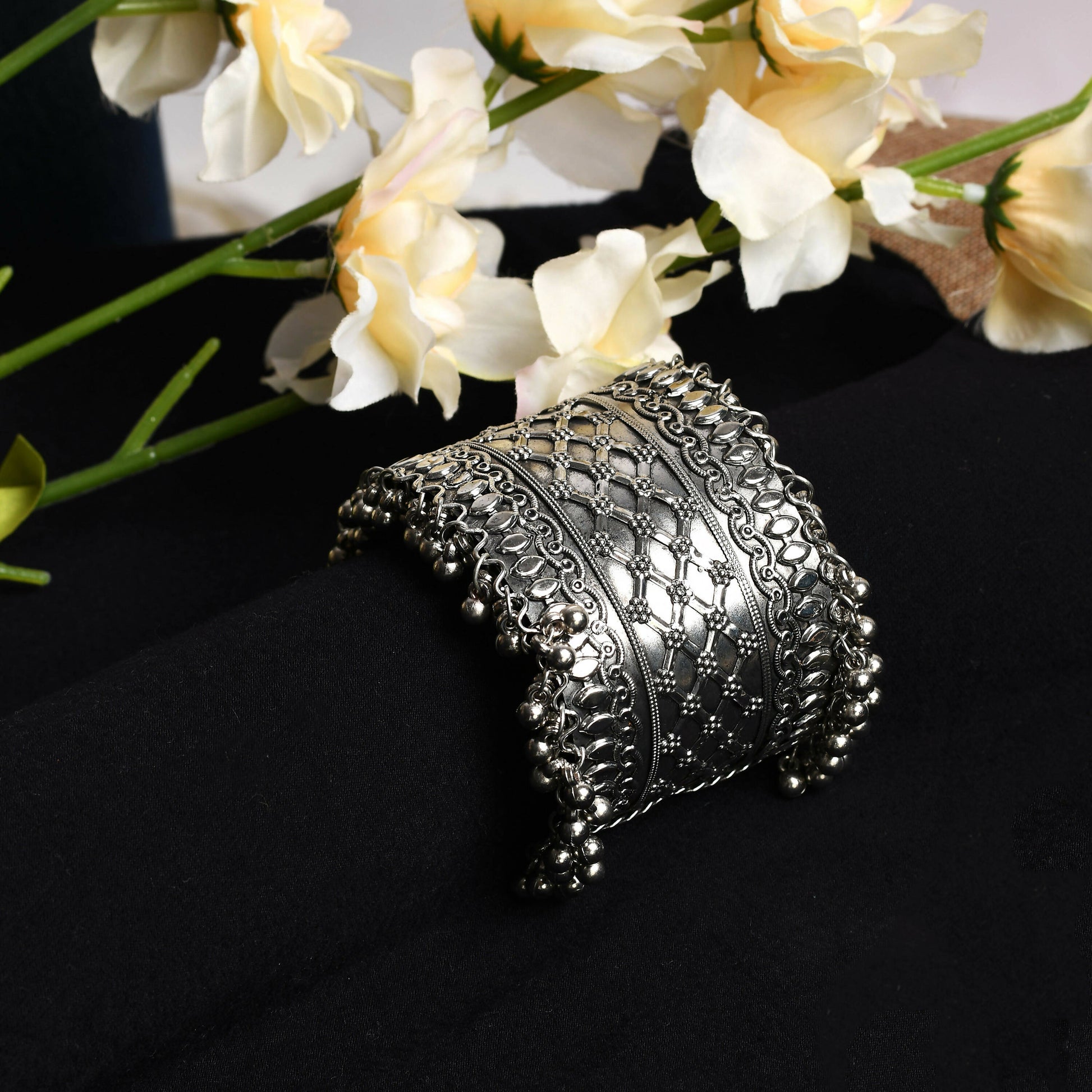 Mominos Fashion Joharkamal Oxidised Silver-Plated Ghungroo Handcraft Bracelet - Design 026 