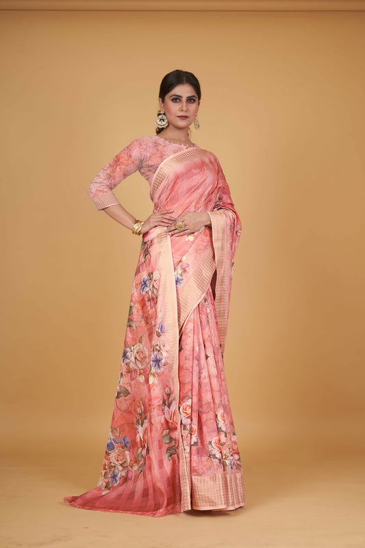 Peach Cotton Silk Digital Printed Saree With Unstitched Blouse Piece - Alisha