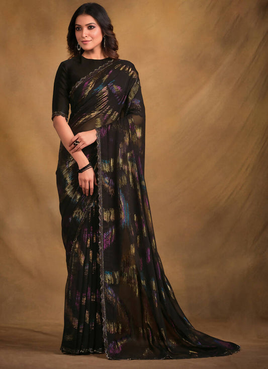 Black Zari Jacquard Print Designer Saree with Unstitched Blouse - Norita Mahitha