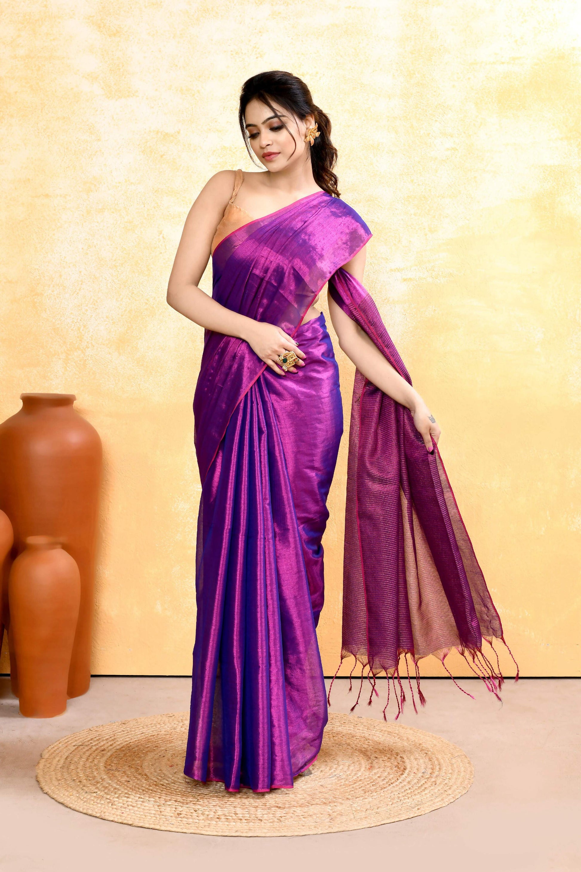 Piyari Fashion Women's Violet Dual Tone Organic Tissue Saree With Blouse Piece