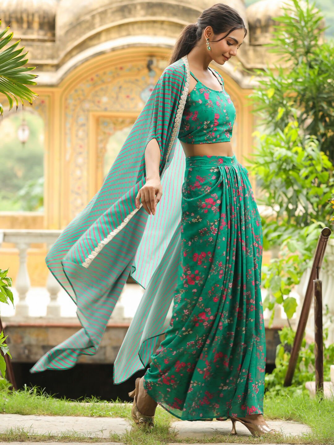 Janasya Green Georgette Floral Top Bottom Cape 
