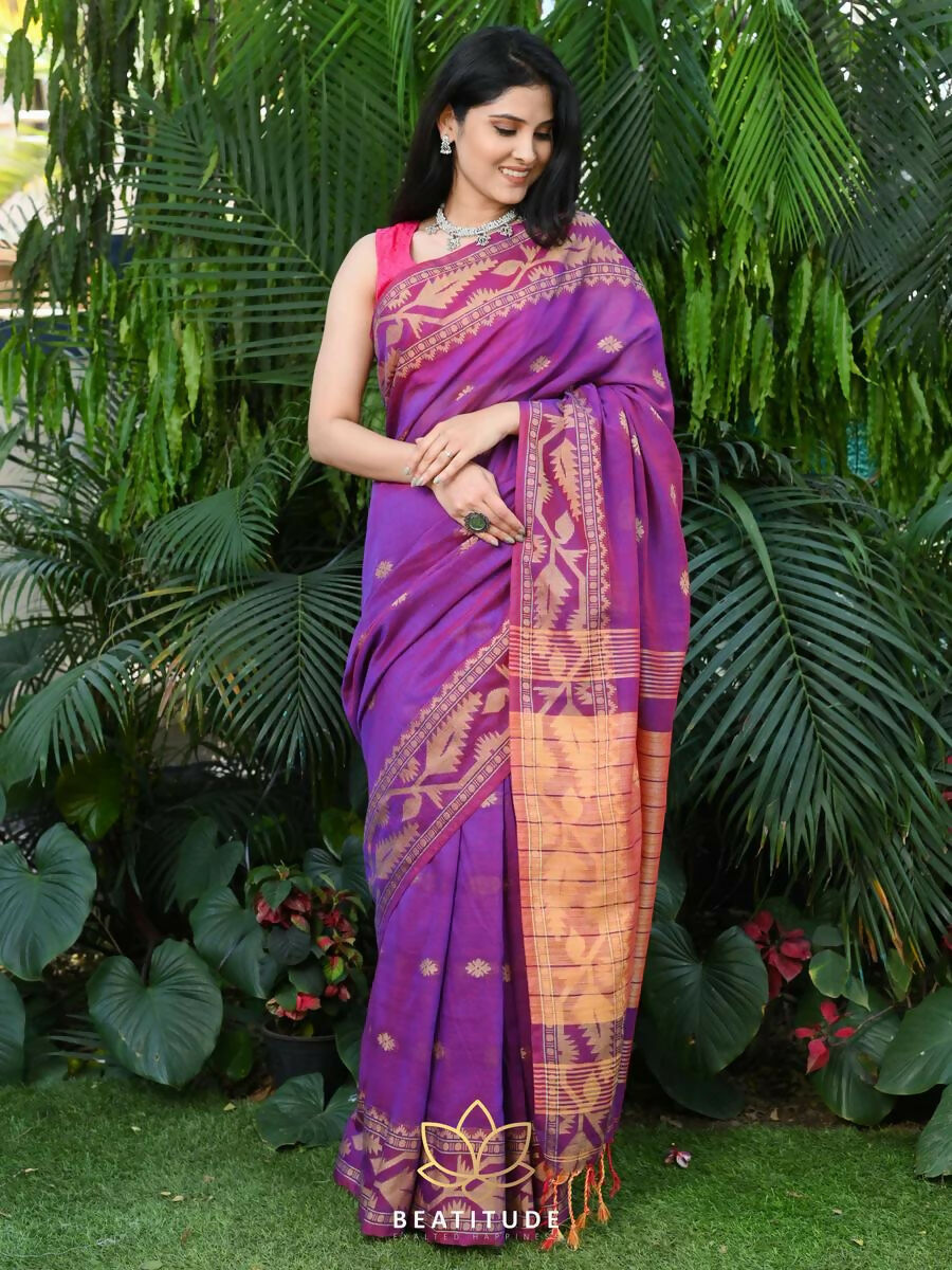 Exclusive Collection Beautiful Violet Pure Cotton Woven Handloom Grab2Buy With Running Blouse Piece 