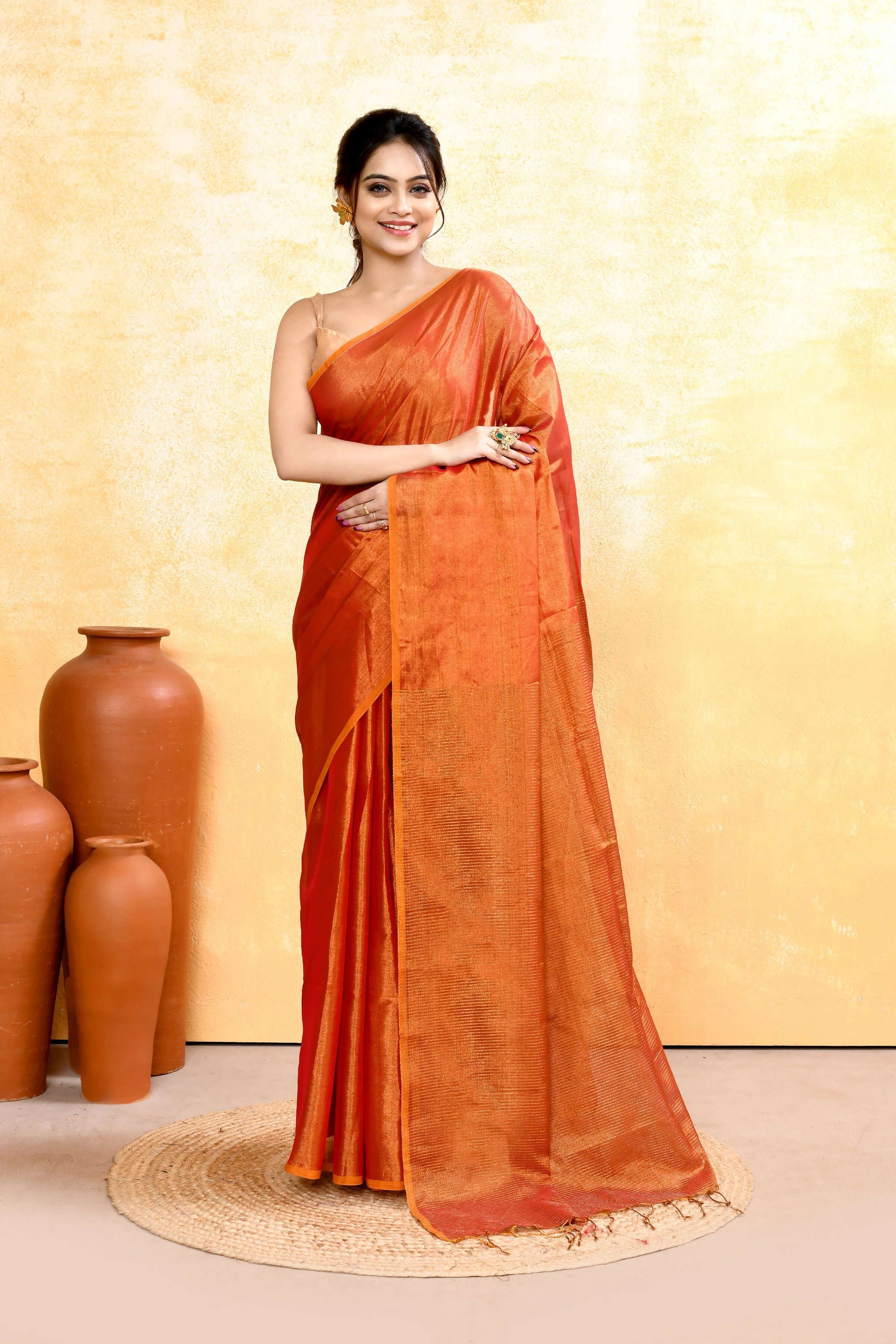Piyari Fashion Women's Rust Dual Tone Organic Tissue Saree With Blouse Piece