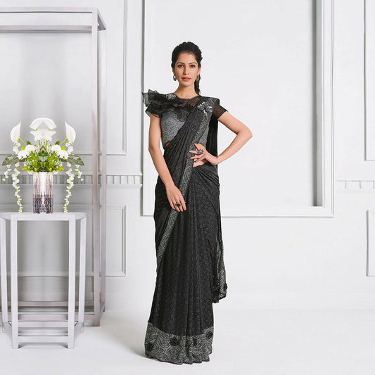 Black Fancy Lycra Handwork Shoulder Butta Saree - Mohmanthan Izzara