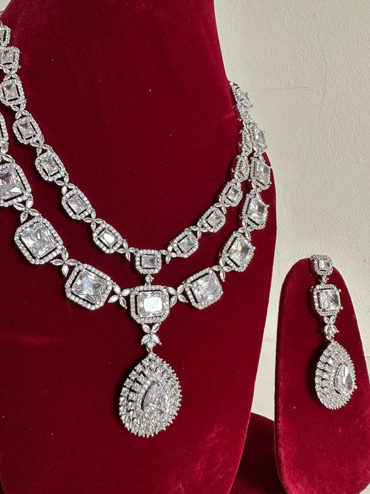 Siver American Diamond Two Layer Elegent Necklace Set With Earrings By House of Ree House of Ree
