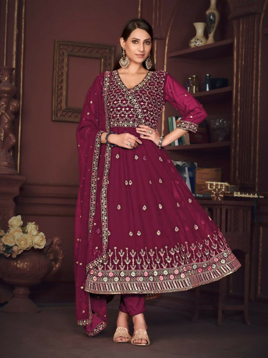 Jyoti Fashion Women's Rani Pink Georgette Embroidered Anarkali Kurta Pant Set With Dupatta