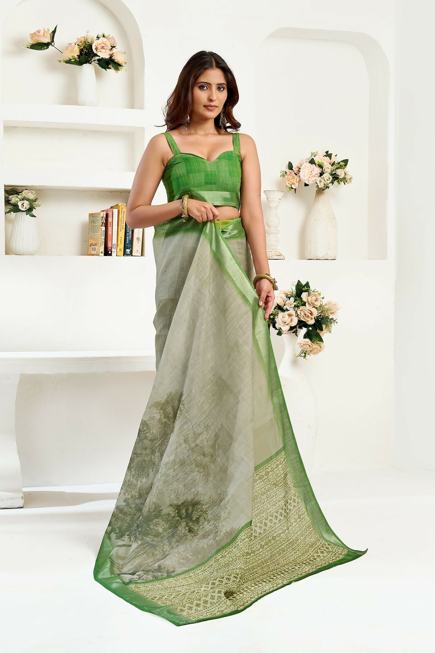 Joban Fashion Green Floral & Ethnic Motifs Linen Ready To Wear Saree With Unstitched Blouse