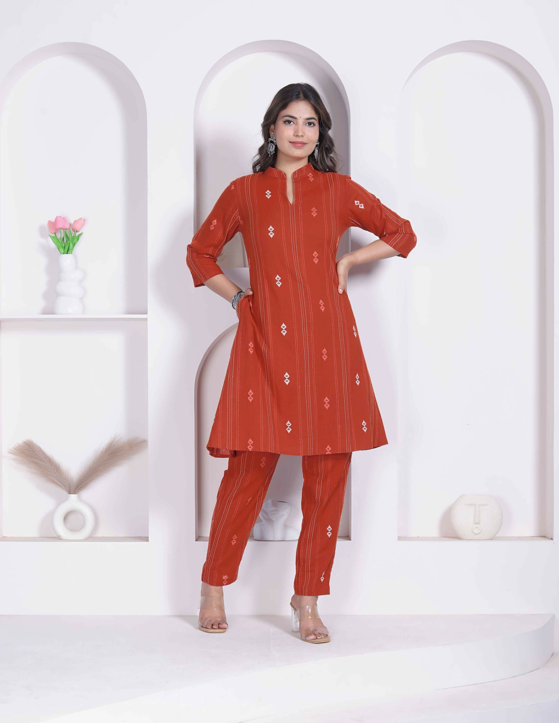 Miravan Womens Rust Color Abstract Printed Cotton Kurta With Palazzo