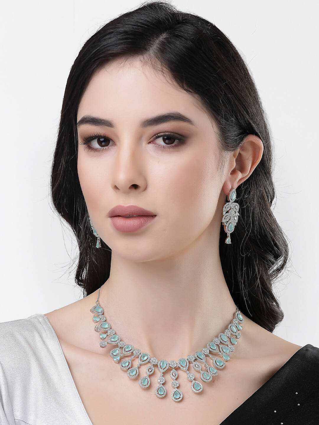 NVR Women Silver Plated & Turquoise Cz Stone Handcrafted Jewellery Set - Swadesiicart