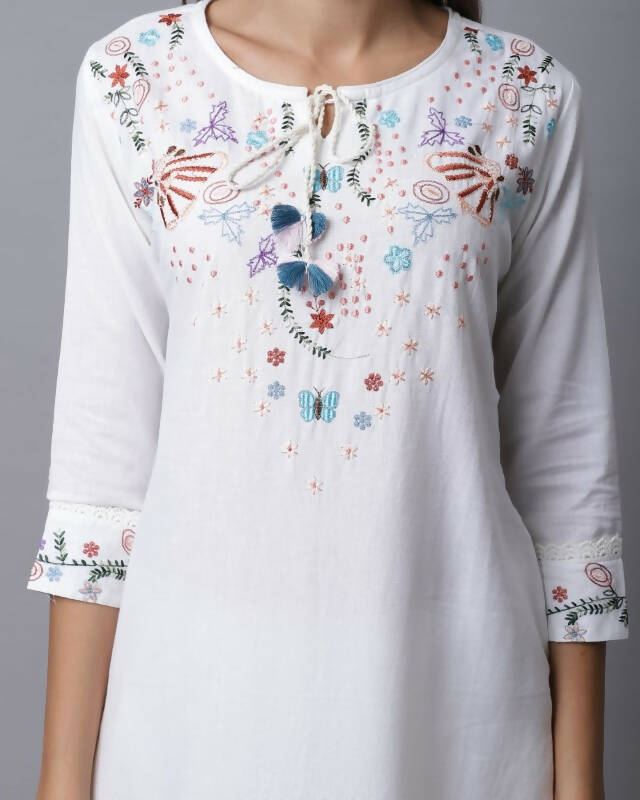 Aastha Fashion Women's White Cotton Flex Jaipuri Printed Kurta with Trouser & Dupatta - Grab2buy