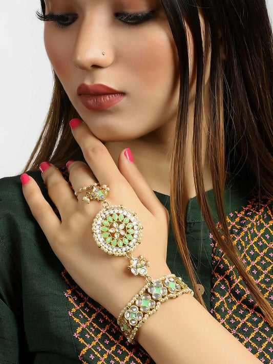 Joban Fashion Lime Green Meena Work Kundan Hathphool 