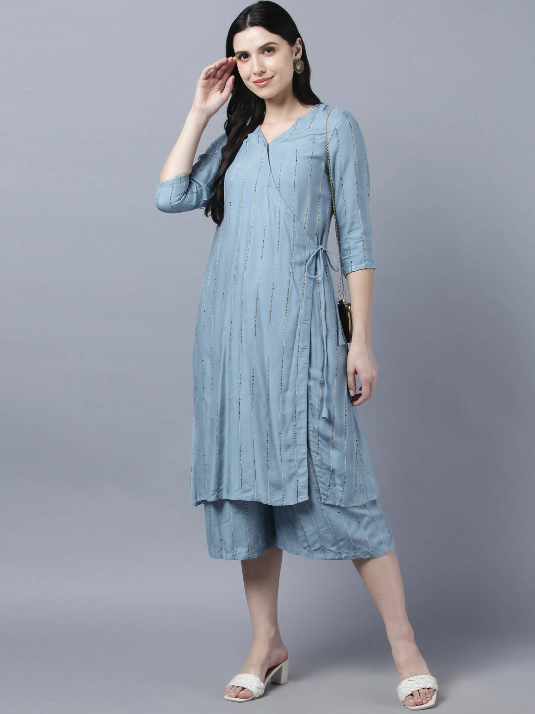 Myshka Stylish Grey Viscose 3/4 Sleeve Women's Kurta Palazzo Set