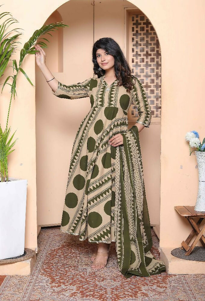 Miravan Women'S Polka Dot Printed Pure Cotton Anarkali Kurta With Dupatta