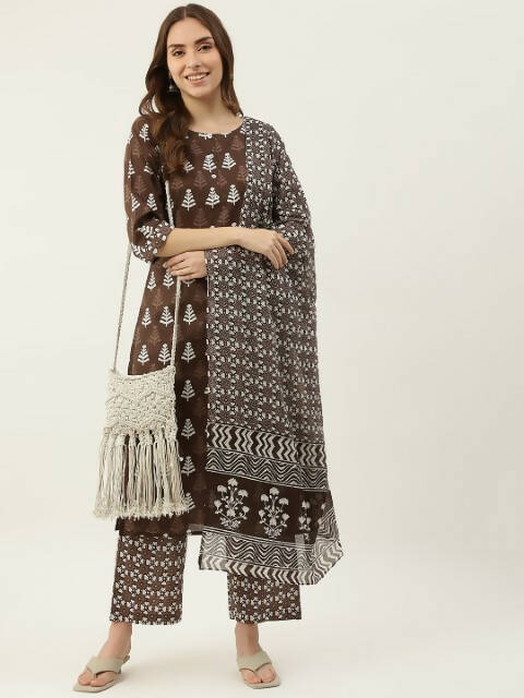 FIORRA Women's Brown Cotton Straight Kurta Pant With Dupatta 