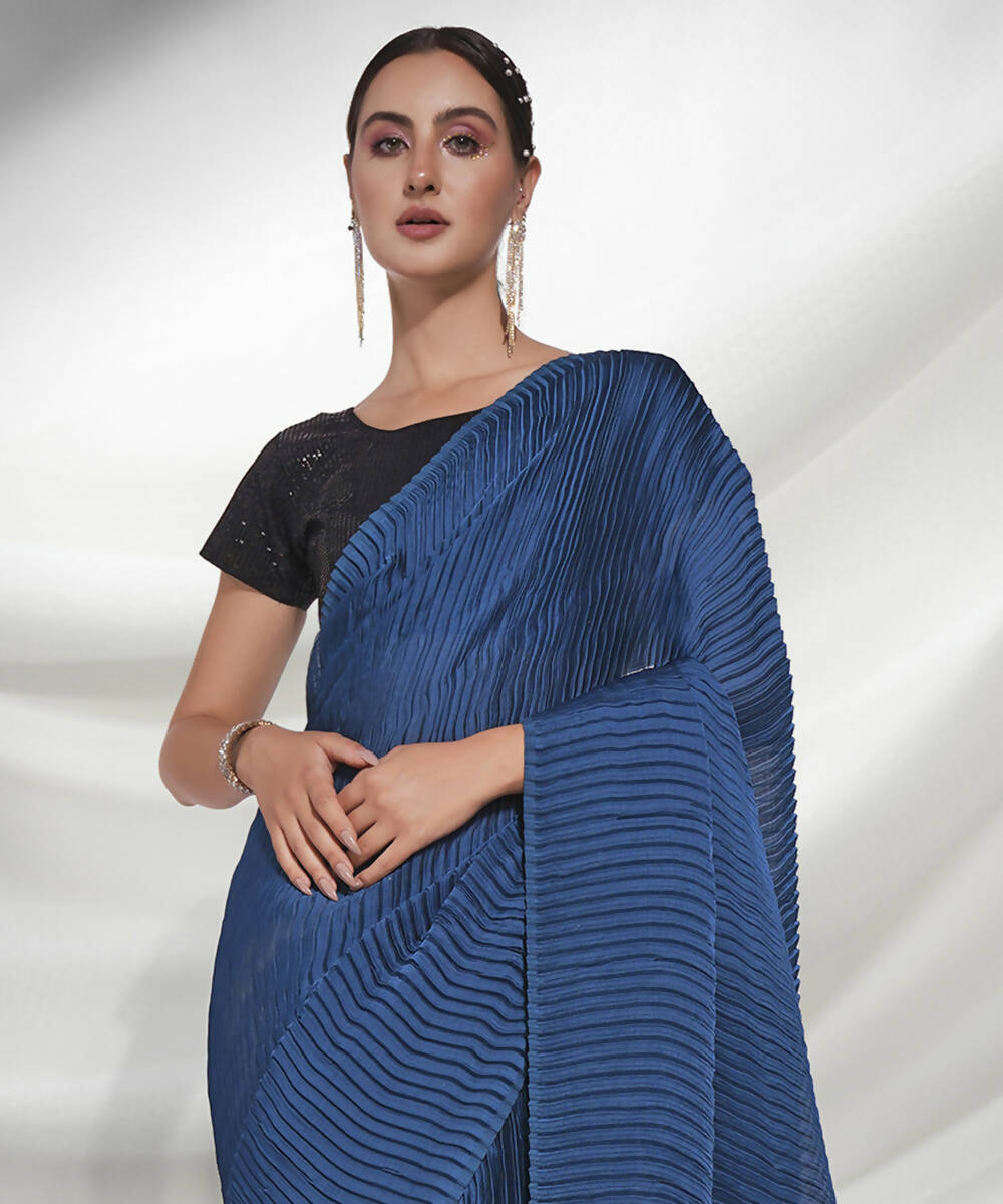 Teal Georgette Solid Texture Saree With Unstitched Blouse Piece - Rajal