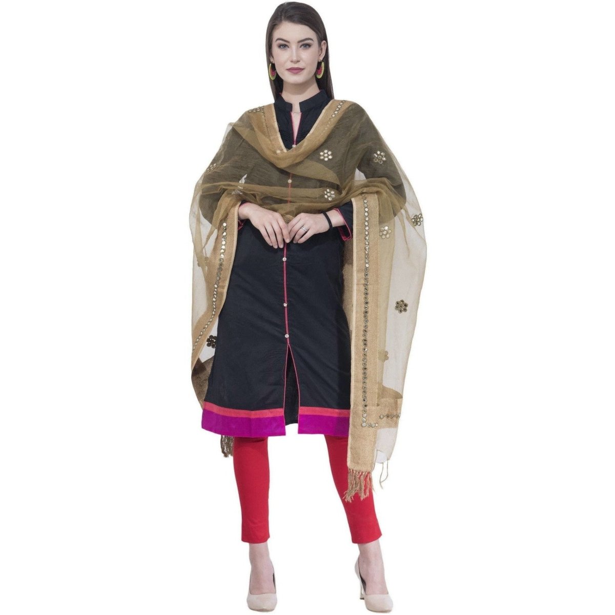 A R Silk Dark Golden Color Orgenza Flower Mirror Dupattas and Chunnis 