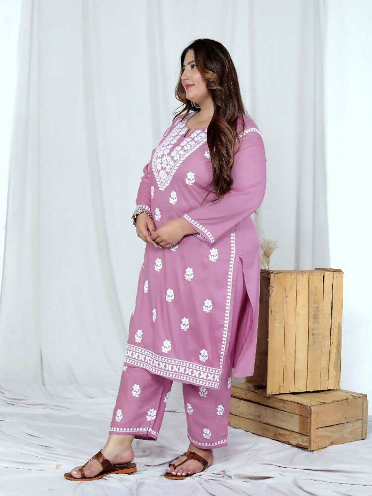 Miravan Womens Plus Size Pink Embroidered Kurta With Palazzo