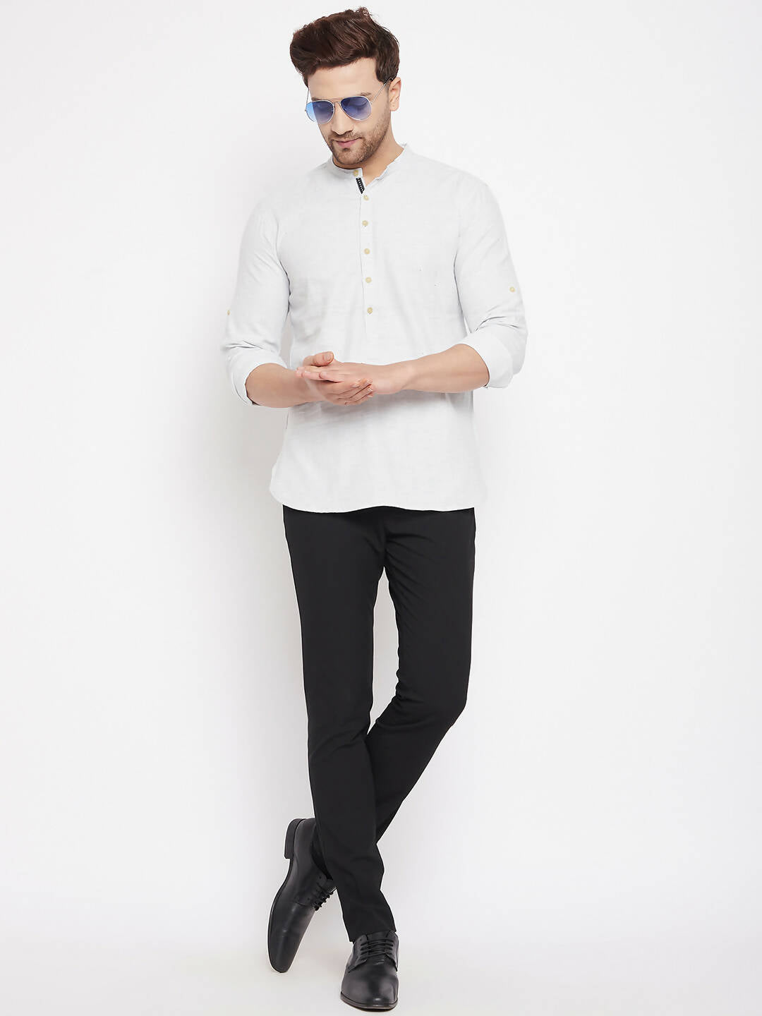 Even Apparels Cream Acrylic Short Men's Kurta With Band Collar