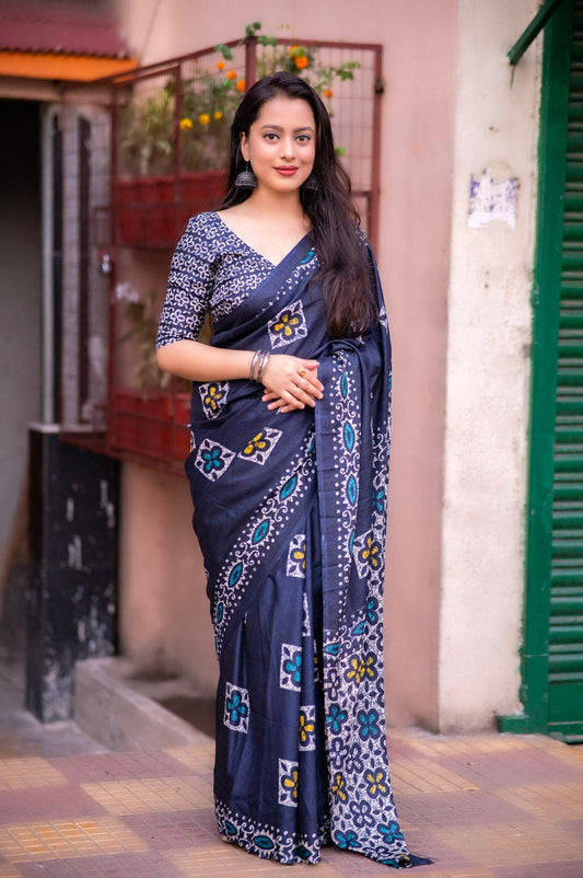 Blue Silk Blend Ethnic Motifs Saree with Unstitched Blouse - Hiral Fashion