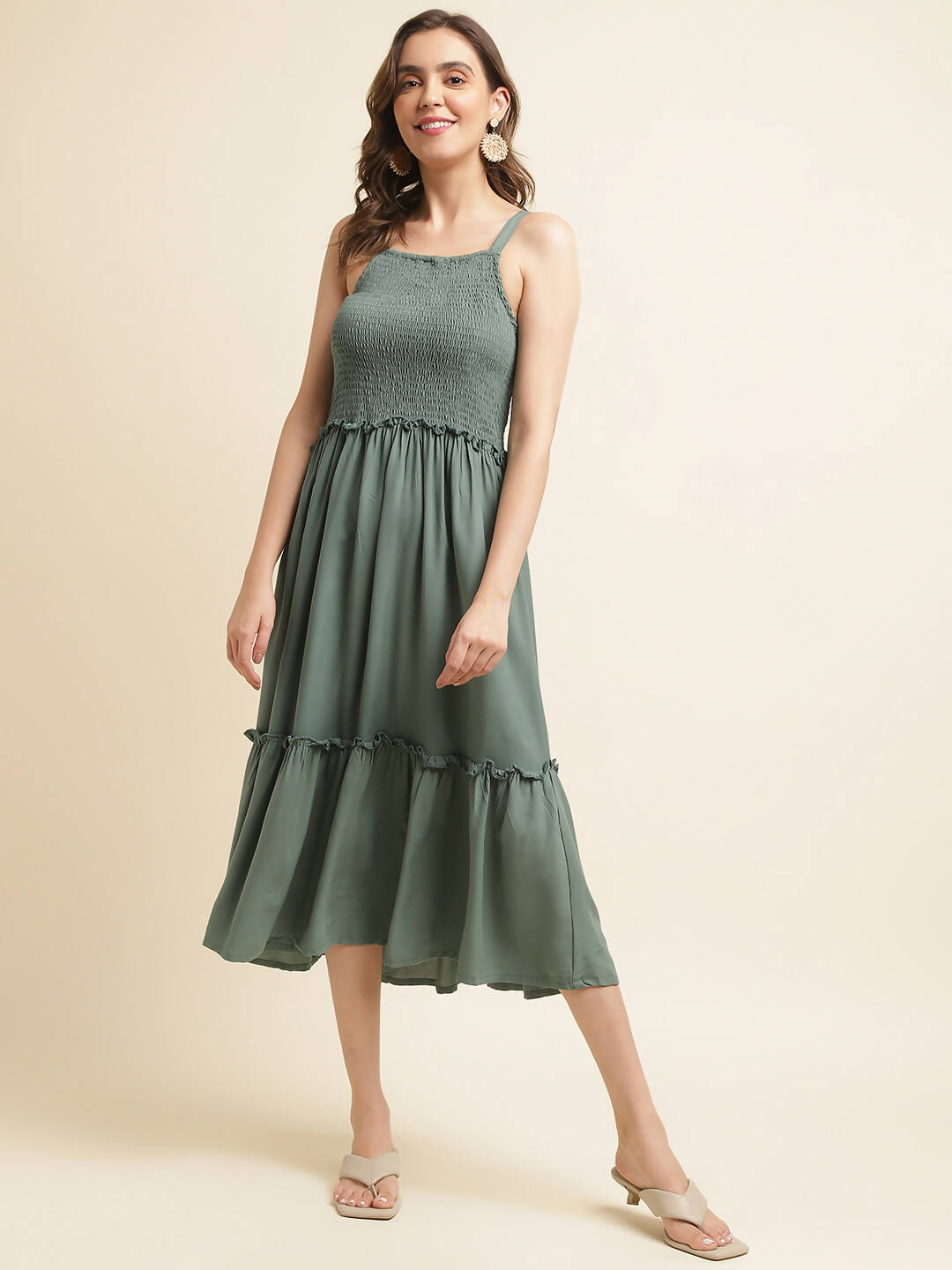Green Cotton Solid Flared Dress with Printed Shrug - Yukti