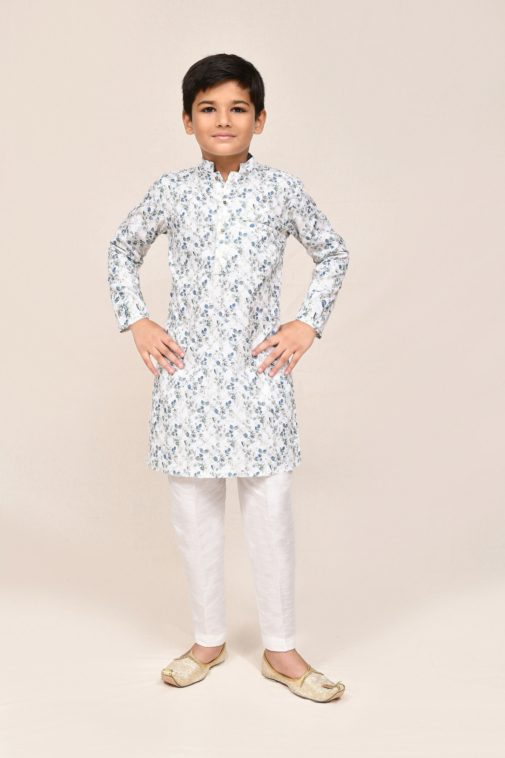 Joban Fashion Printed Cotton White Kurta With Straight Fit Pant