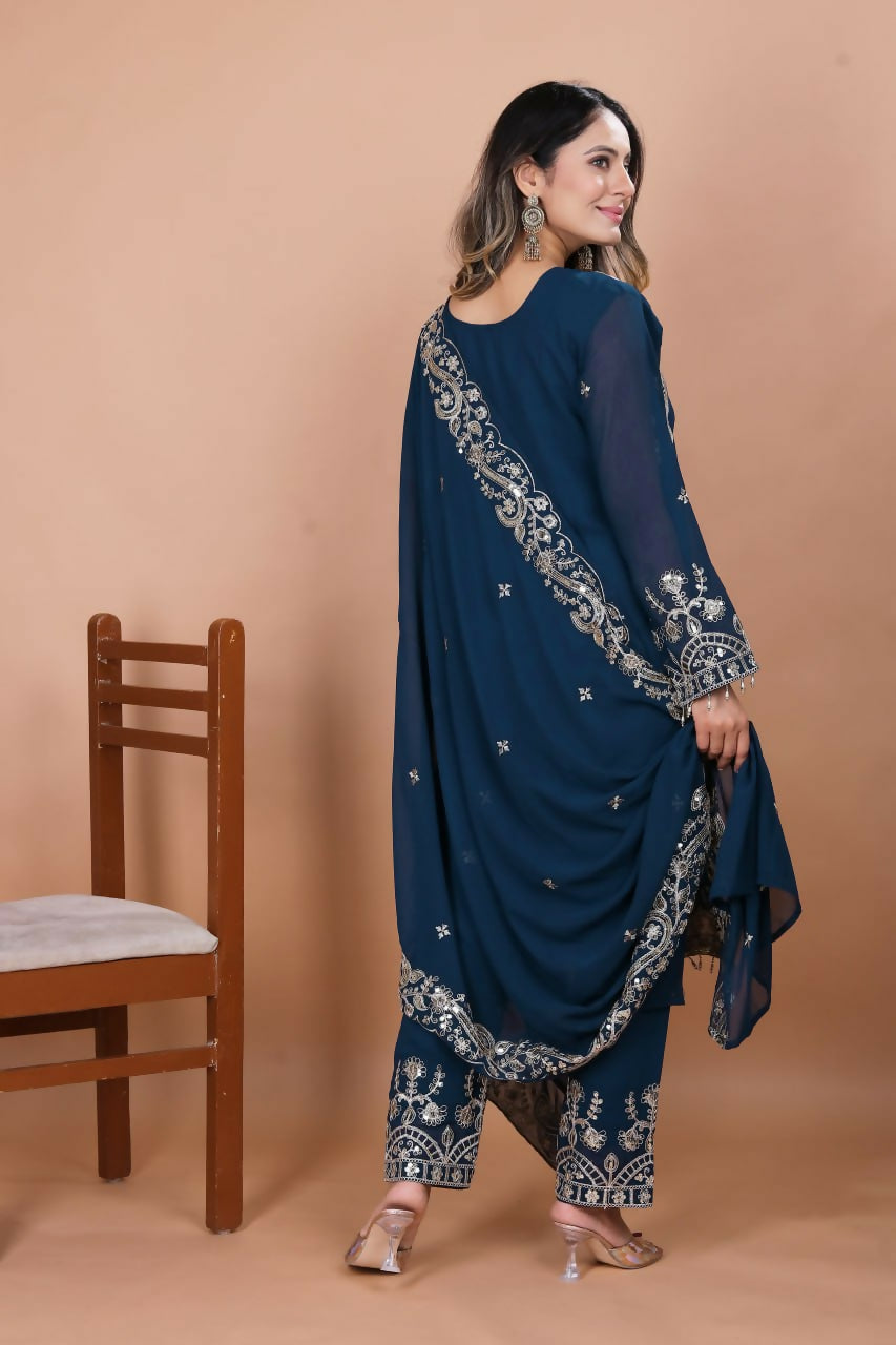 Teeya Creation Blue Faux Georgette Embroidery Work Salwar Suit