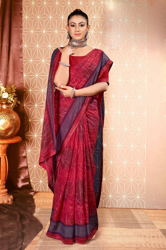Maroon Chiffon Abstract Printed Saree With Unstitched Blouse Piece - Rajal