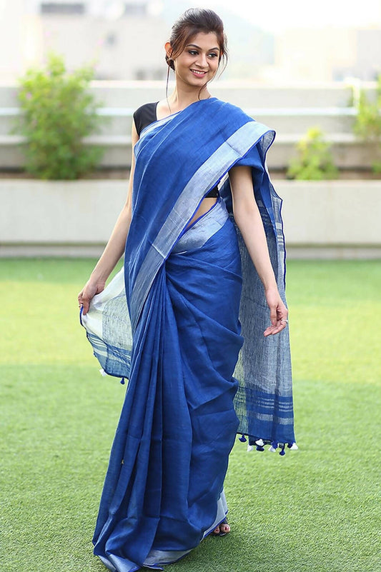 Very Much Indian Pure Linen Saree With Sleek Border And Exclusive Design - Blue - Grab2buy